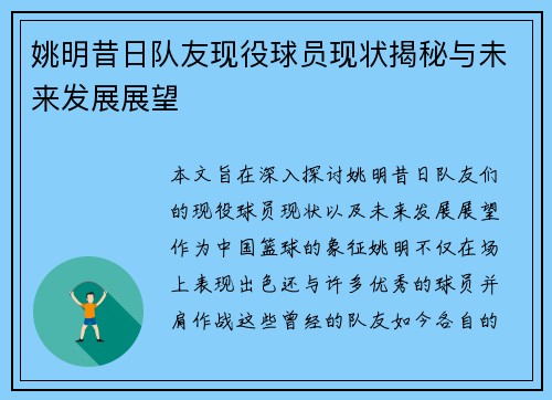 姚明昔日队友现役球员现状揭秘与未来发展展望